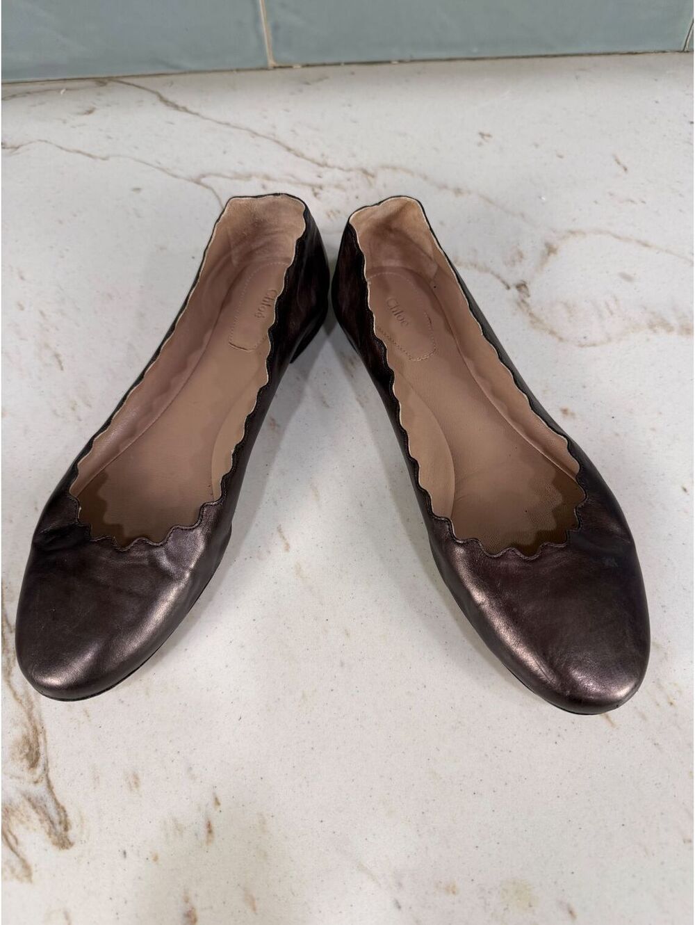 Chloé Lauren Scalloped Champagne Bronze Leather Ballet Flats EUC Sz 38.5